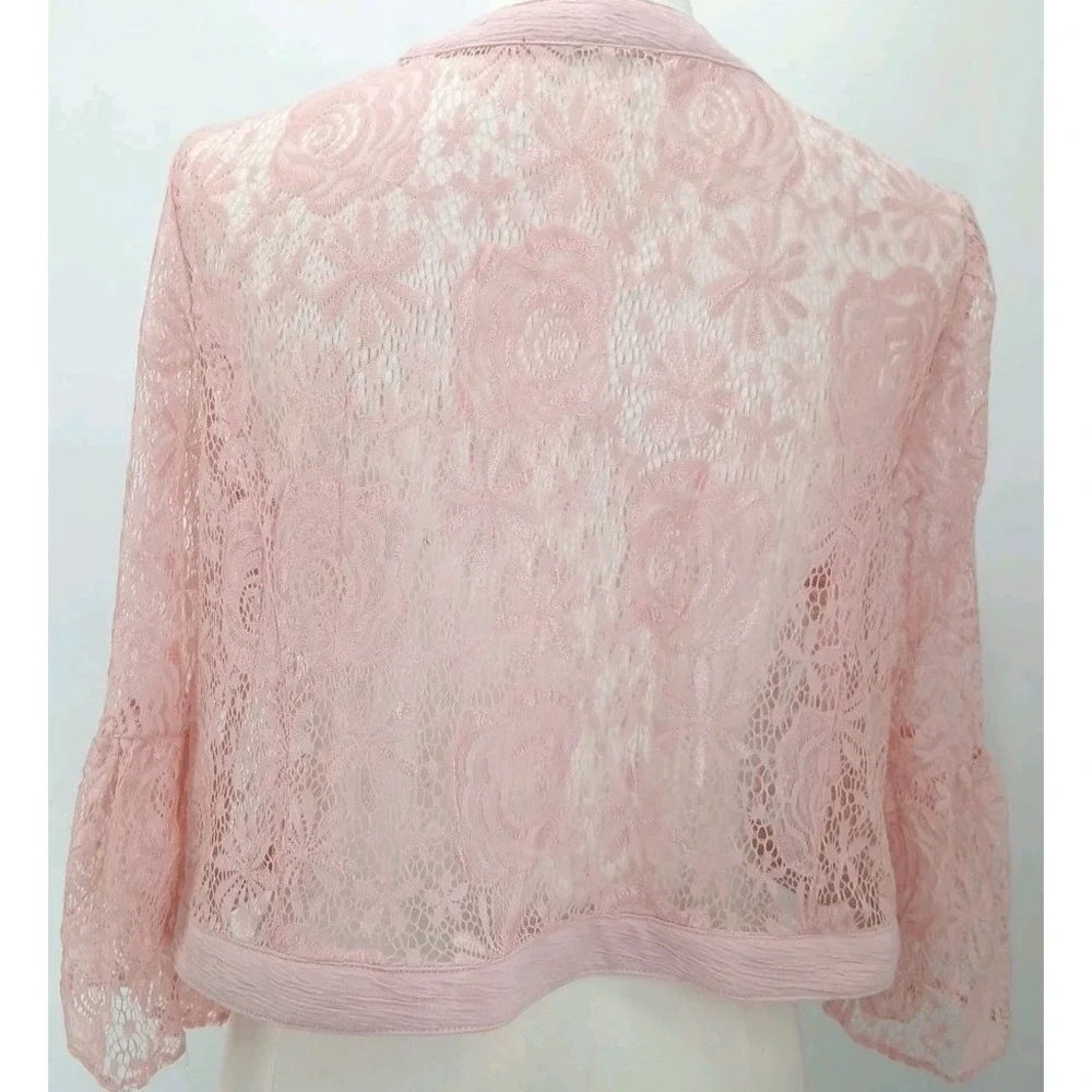 Pink Floral Rose Lace Ruffle Flared Sleeve Cardigan Tagless Size Med Valentines